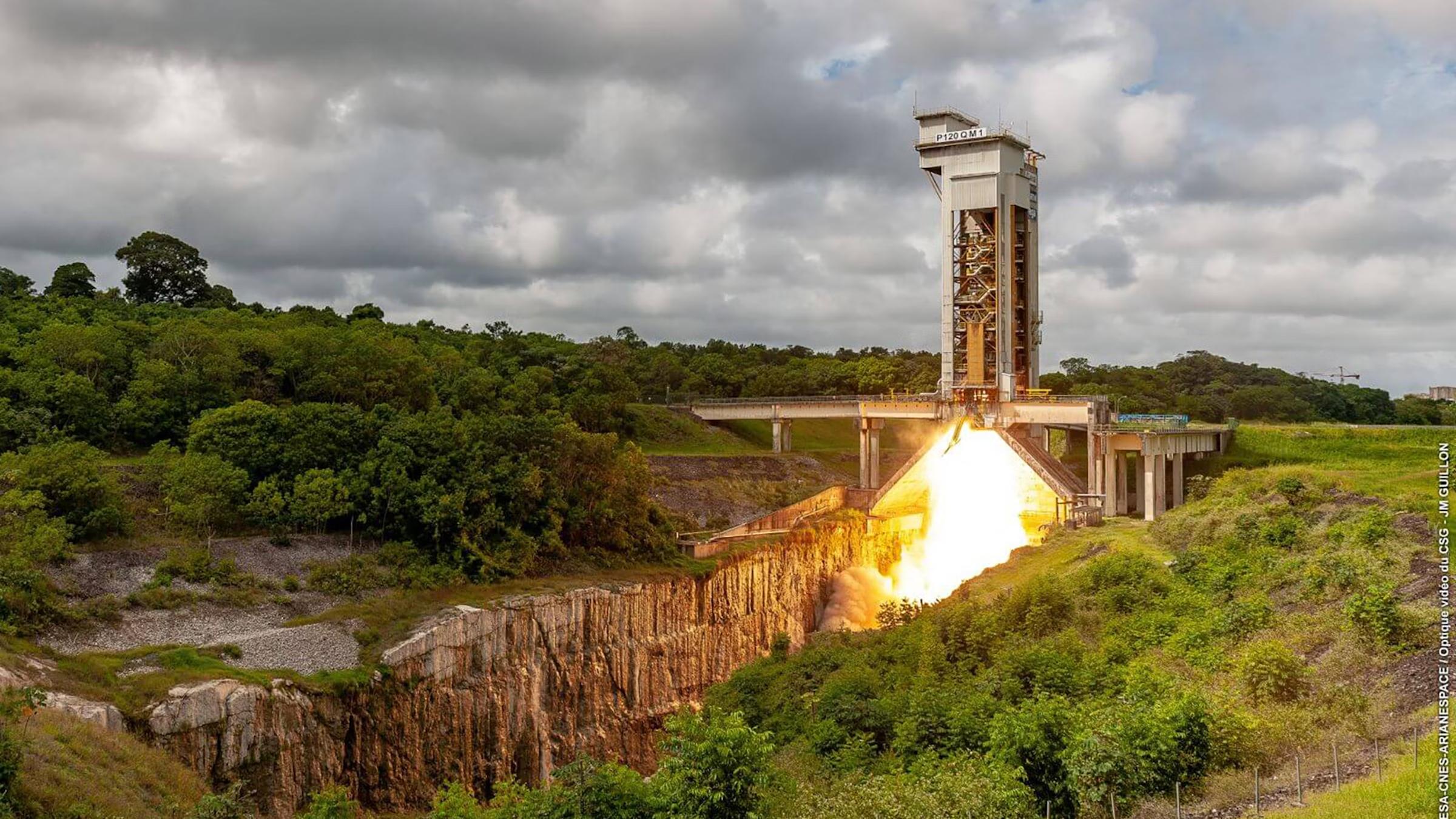 Firing test of the Ariane 6's P120 solid rocket booster at Kourou in French Guiana, South America