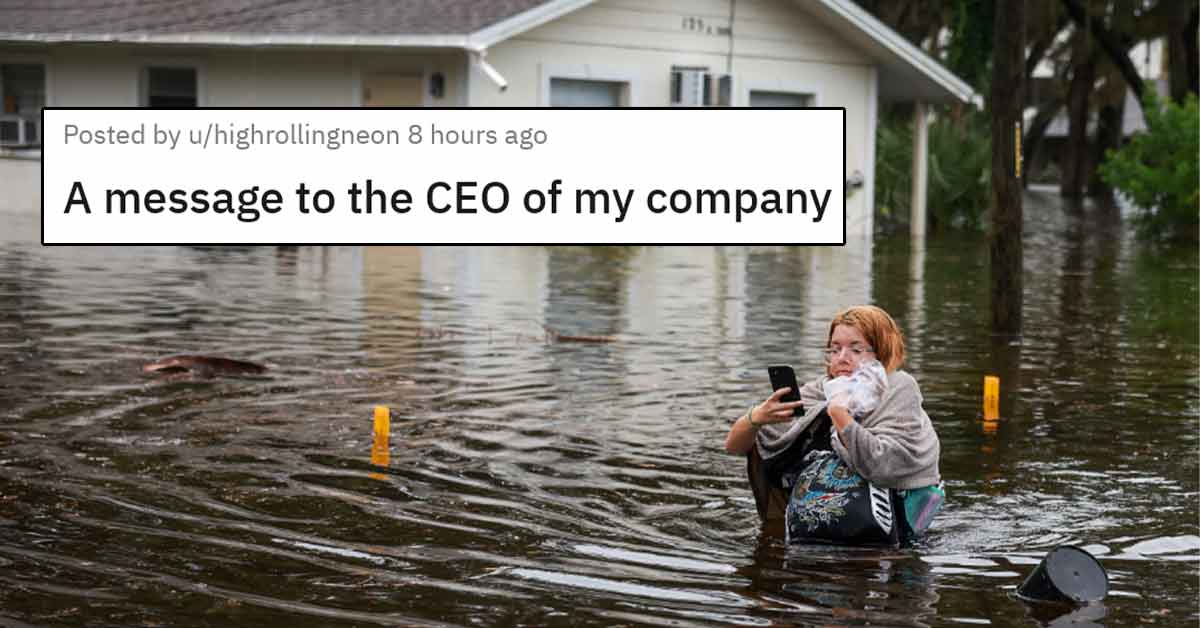 While there is a huge hurricane threatening much of Southeast USA, most companies are closing for the time being to keep their employees and customers safe, but not this employee. They got an email from their CEO that everyone either comes to work or uses their paid time off to stay at home. 

<br><br>


They took their story to r/antiwork to get some advice, but most people said that it should be illegal to put your employees at risk. Some said they should complain to FEMA, while others said they should just quit and move on.