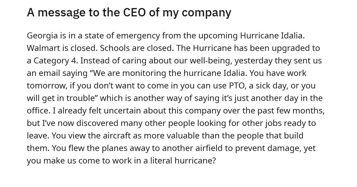 Company Tells Employees to Use PTO If They Are Unable to Come In Due to Hurricane Idalia