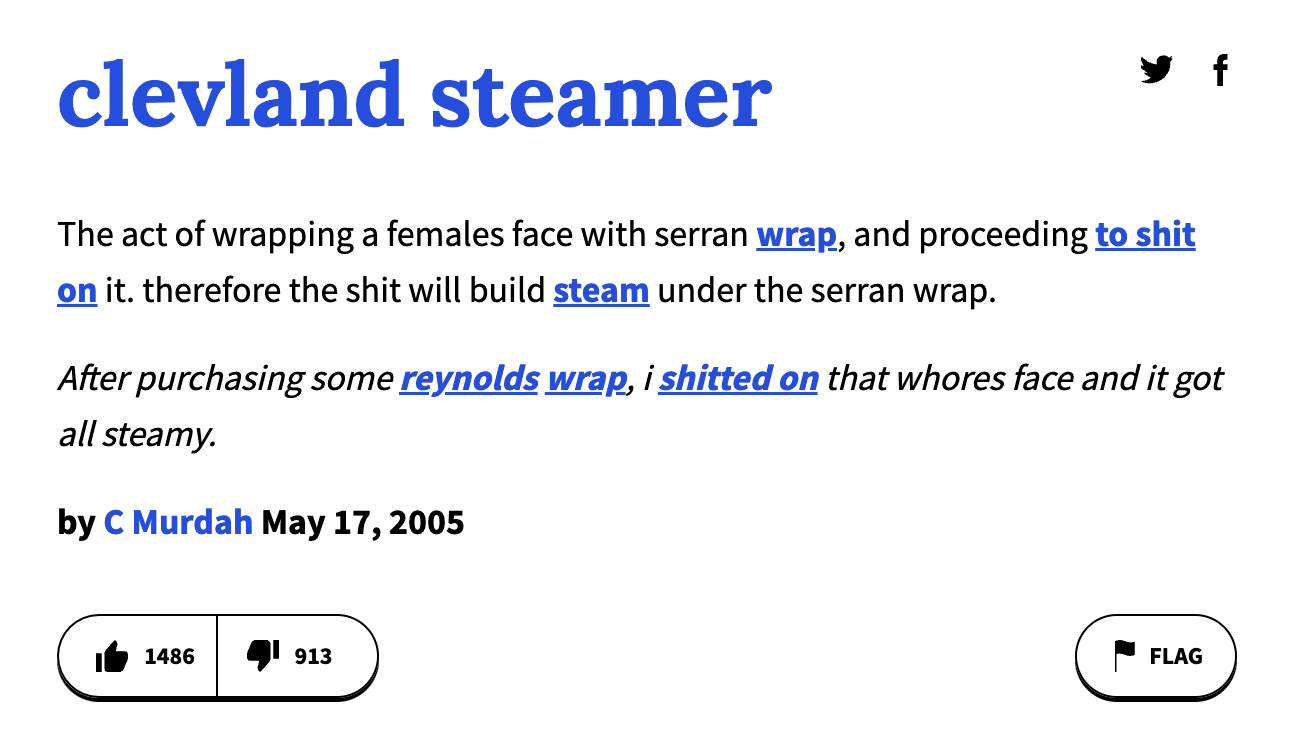 urban dictionary terms - angle - clevland steamer The act of wrapping a females face with serran wrap, and proceeding to shit on it. therefore the shit will build steam under the serran wrap. After purchasing some reynolds wrap, i shitted on that whores f