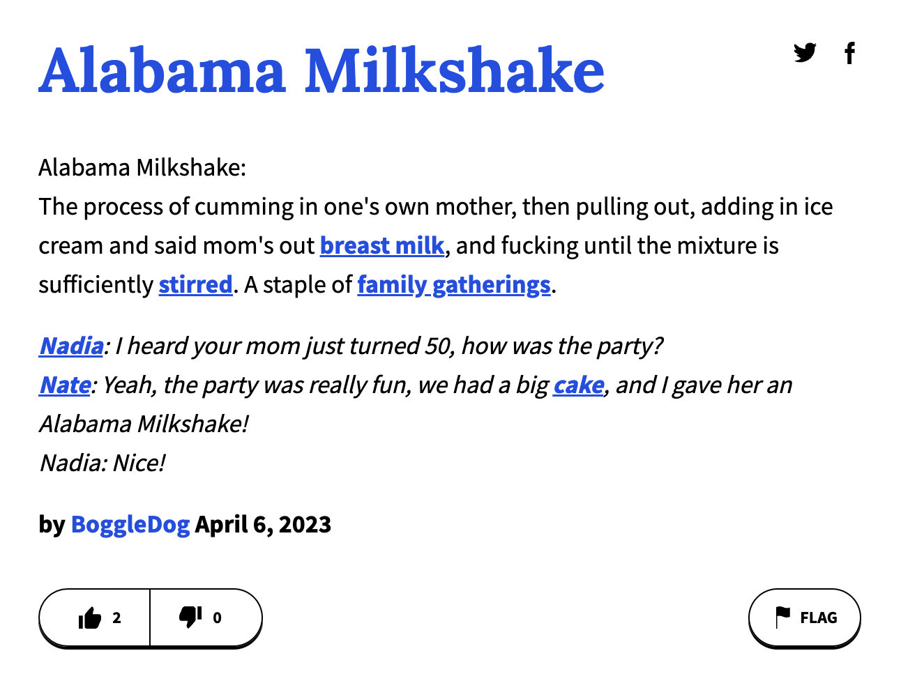urban dictionary terms - angle - Alabama Milkshake Alabama Milkshake The process of cumming in one's own mother, then pulling out, adding in ice cream and said mom's out breast milk, and fucking until the mixture is sufficiently stirred. A staple of famil
