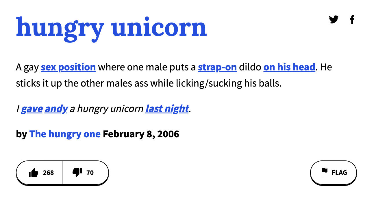 urban dictionary terms - angle - hungry unicorn A gay sex position where one male puts a strapon dildo on his head. He sticks it up the other males ass while lickingsucking his balls. I gave andy, a hungry unicorn last night. by The hungry one 268 70 y f 