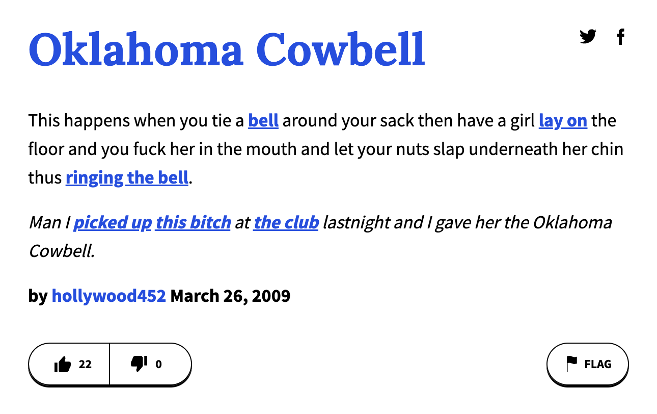 urban dictionary terms - angle - Oklahoma Cowbell This happens when you tie a bell around your sack then have a girl lay on the floor and you fuck her in the mouth and let your nuts slap underneath her chin thus ringing the bell. y f Man I picked up this 