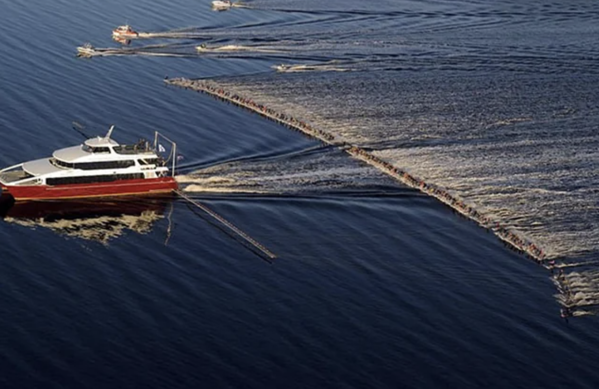145 water-skiers pulled behind a single boat, setting a new world record.