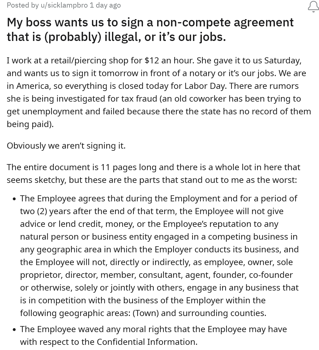 Boss Wants Employees to Sign a Non-Compete Agreement That Is (Probably) Illegal, or It’s Their Jobs