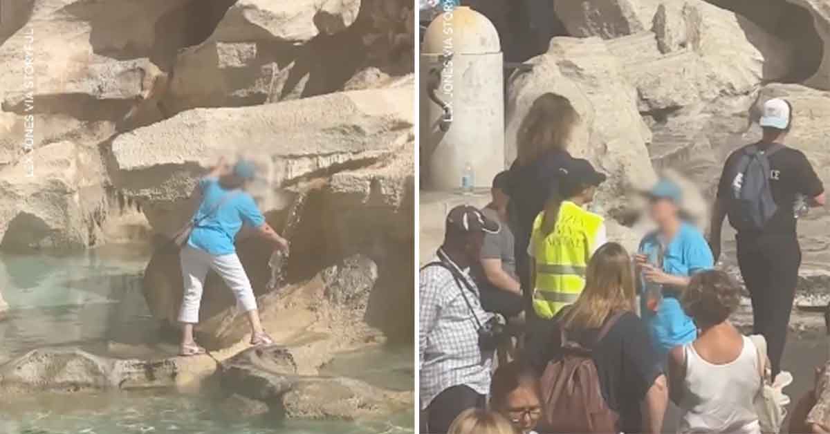 Karen decides scaling Rome’s Trevi Fountain is the easiest way to re-fill her water bottle.