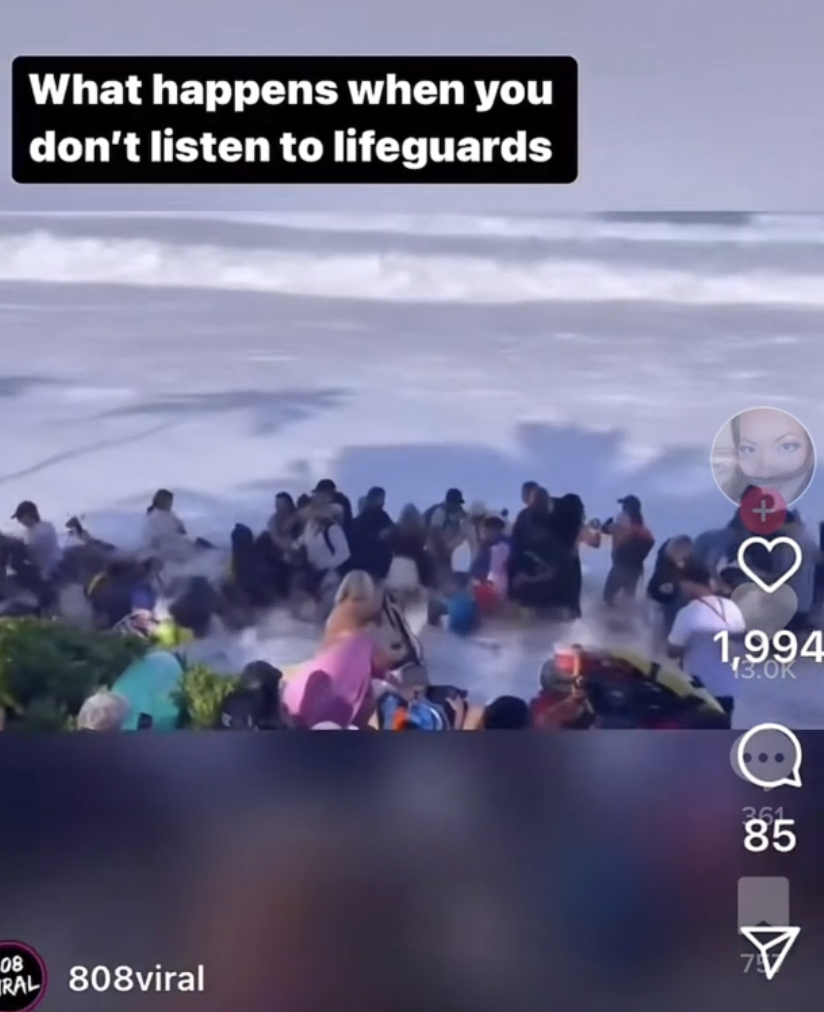Tourists in Hawaii disregard lifeguard instructions, and get swept by waves. 