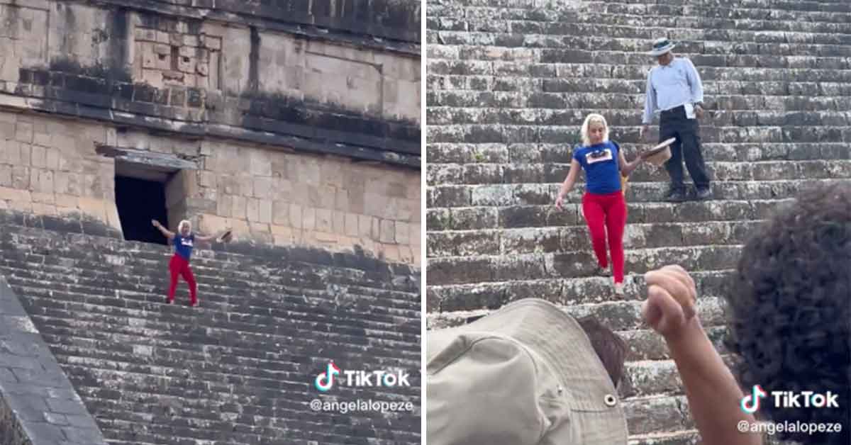 Entitled tourist mobbed after climbing sacred Mayan pyramid.