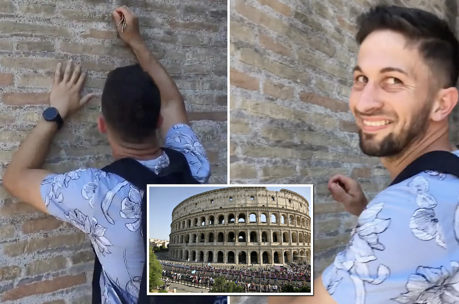 Multiple tourists deface the Roman Colosseum. 