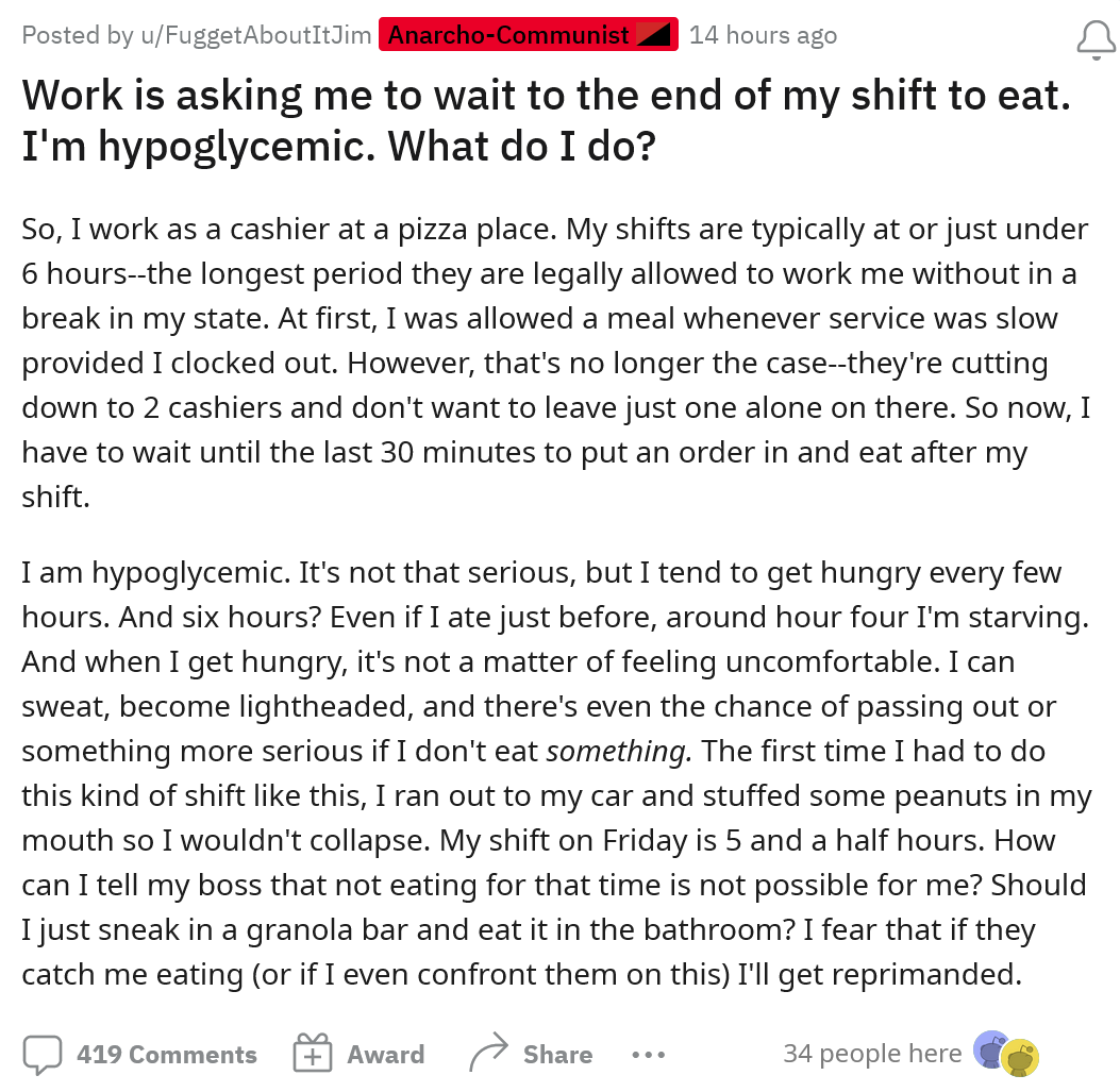 'What Do I Do?': Hypoglycemic Employee Told to Wait Until End of Their Shift To Eat