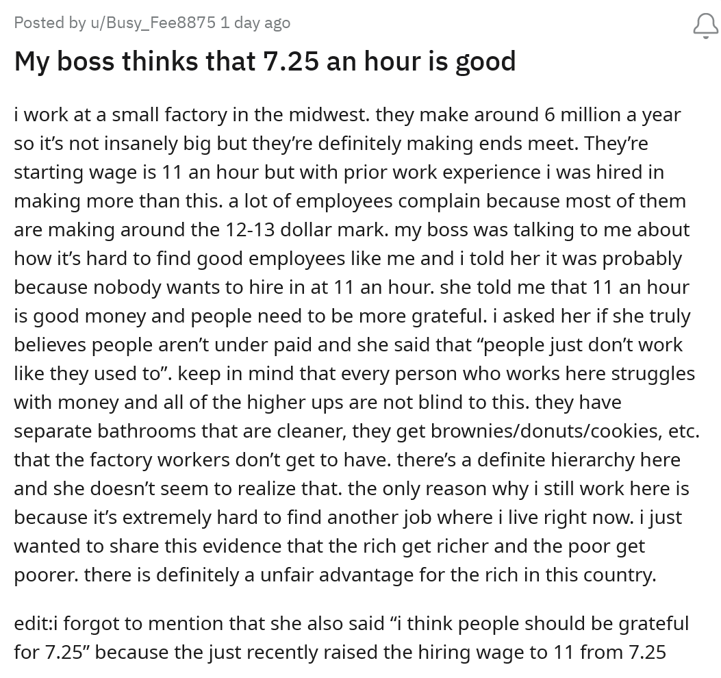 'My Boss Thinks That $7.25 an Hour Is Good': Employee Struggles to Explain to Boss That It Isn't 1950 Anymore 