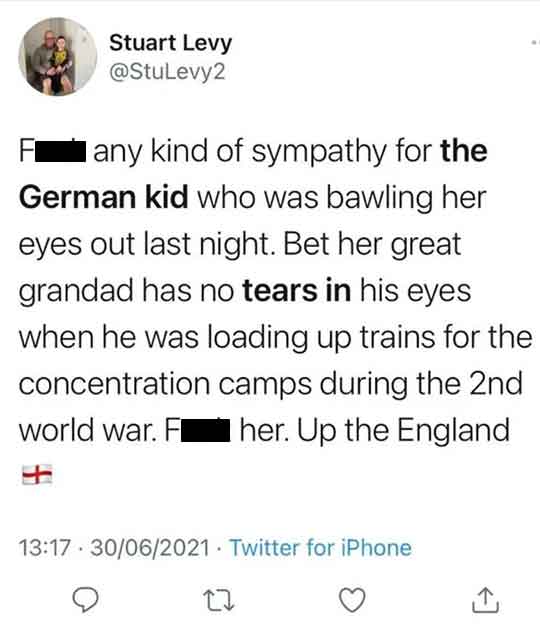 A reply to a picture of a 10 year old German girl crying after they lost to England.