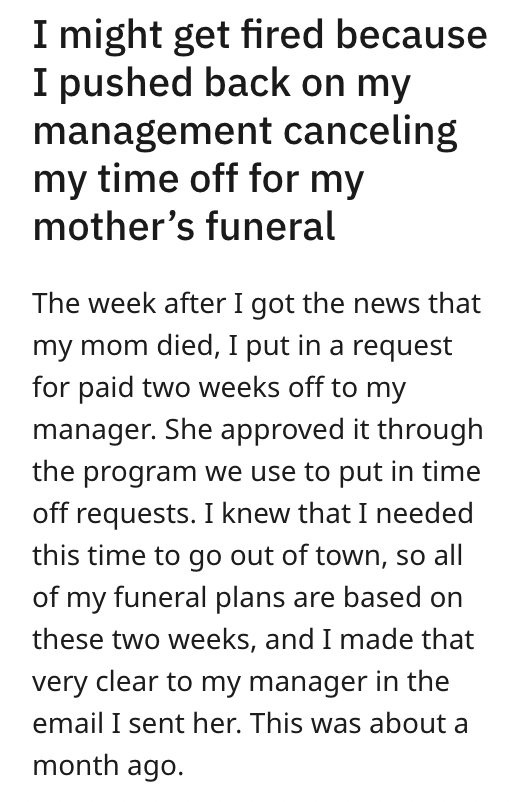 'They Canceled My Two Weeks': HR Approves Employee's PTO for Mother's Funeral, Then Cancels It