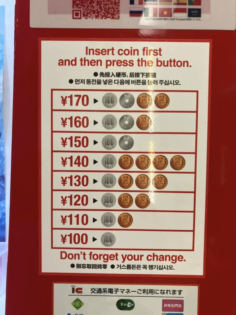 This vending machine has a visual representation of various prices for tourists who are unfamiliar with local coins.