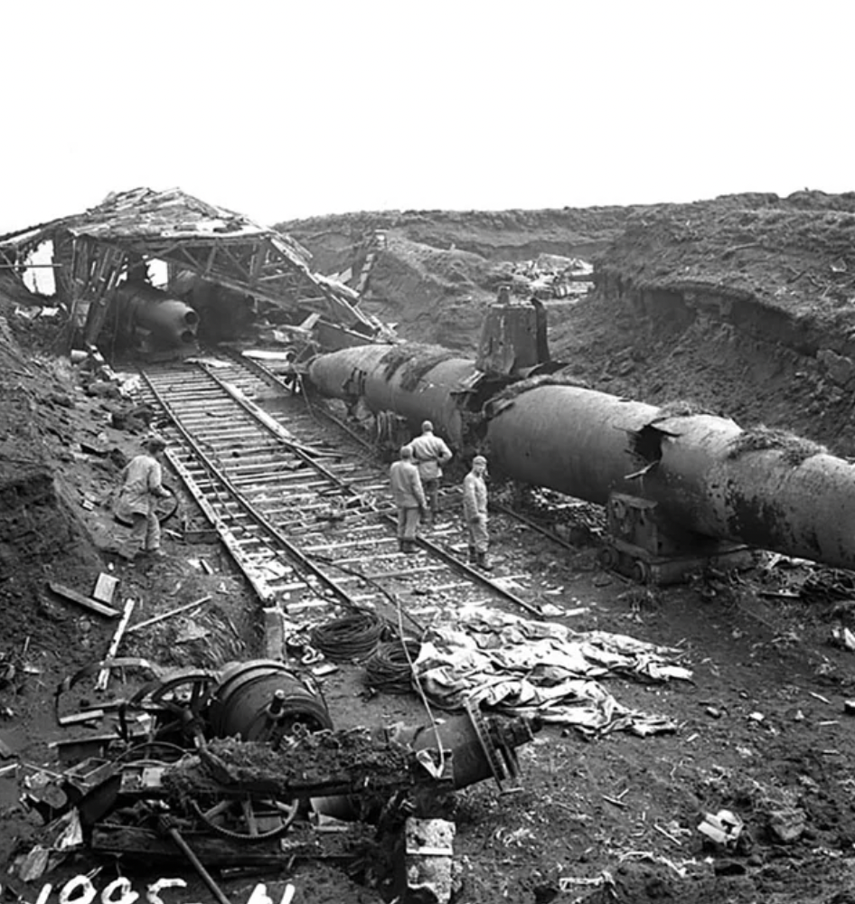 Small Japanese submarines and other equipment abandoned on Kiska Island, after the American takeover in 1943.