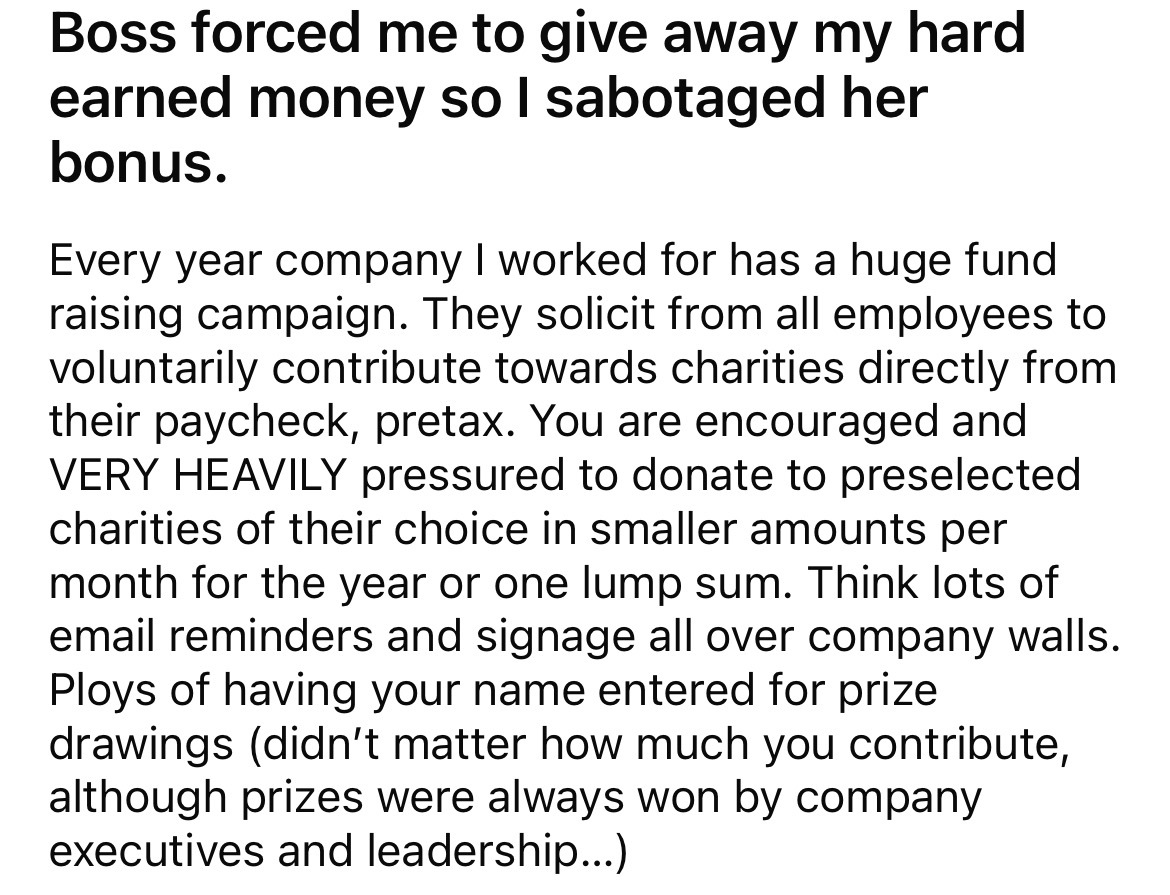 'I Started Telling Everyone': Boss Forces Employee to Give Away Money, So They Make Sure She Doesn't Get Her Bonus