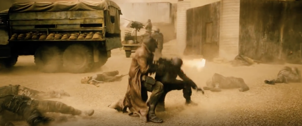 In this scene, the muzzle flashes are reversed for a couple of rounds.