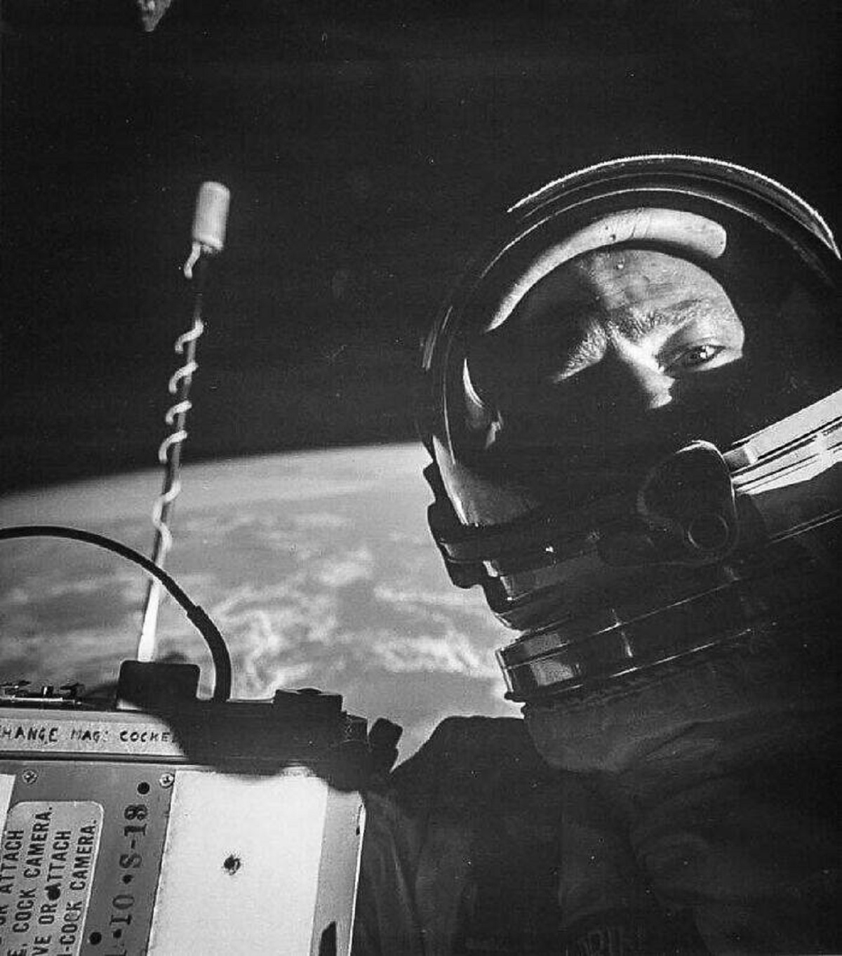 Buzz Aldrin takes the first ever selfie in space, 1966.