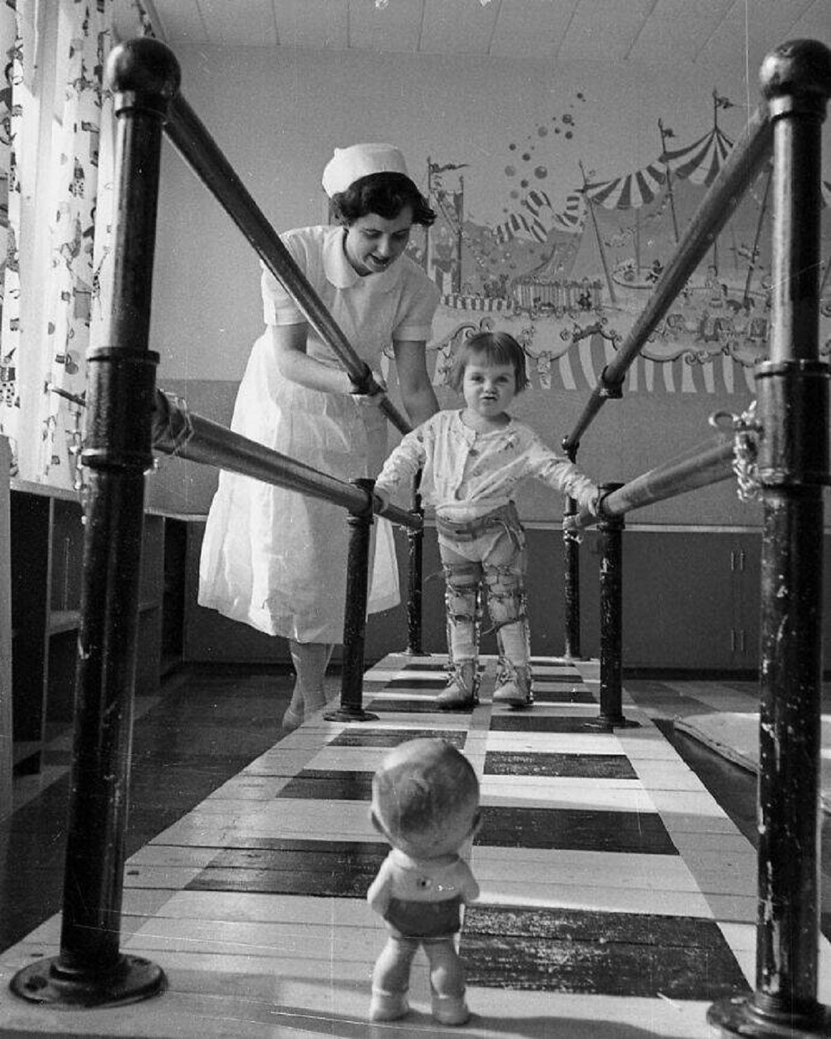Walking practice at the polio hospital, 1953.