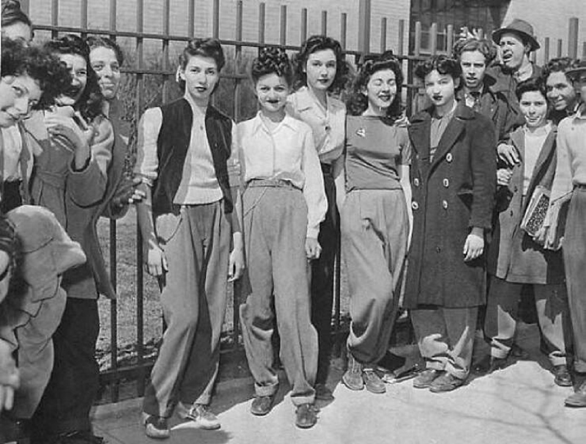 Protesting the ban on girls wearing slacks in high school in Brooklyn, NY, 1942.