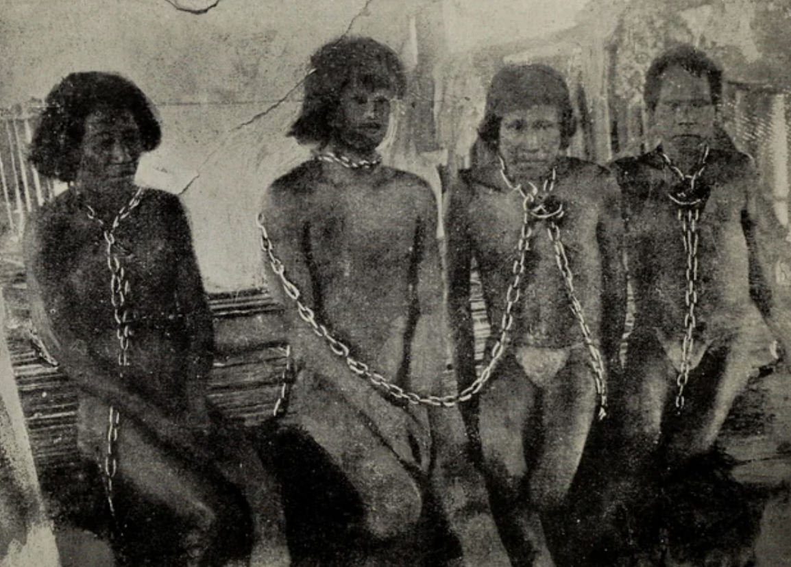 Chained indigenous "workers" of Anglo-Peruvian Amazon Rubber Co., 1913.