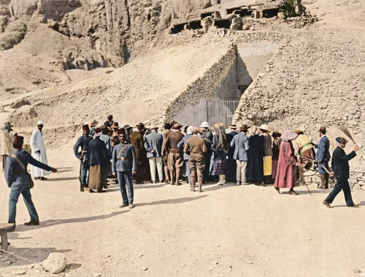 A crowd gathered outside Tutankhamun's Tomb in the Valley Of The Kings, Egypt, 1922.