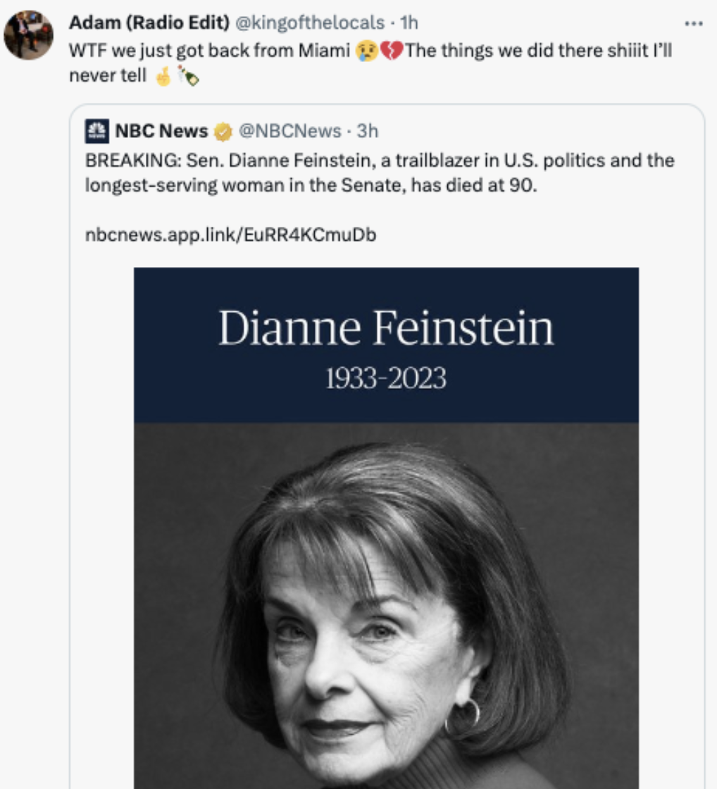 'Gone Too Soon': The Internet Reacts to Dianne Feinstein's Death 