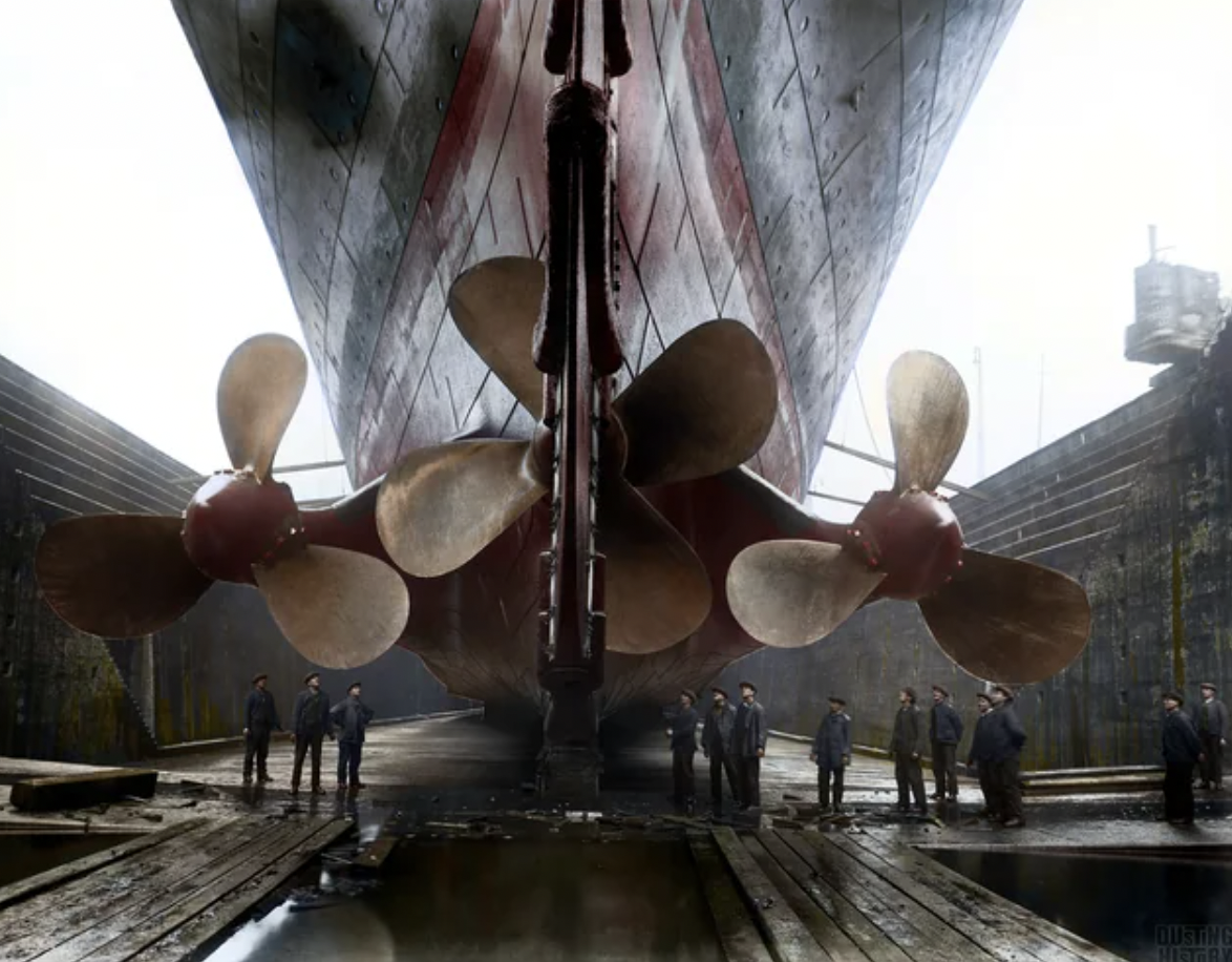 RMS Olympic, sister ship of Titanic, photographed in Thompson dry dock. 1911.