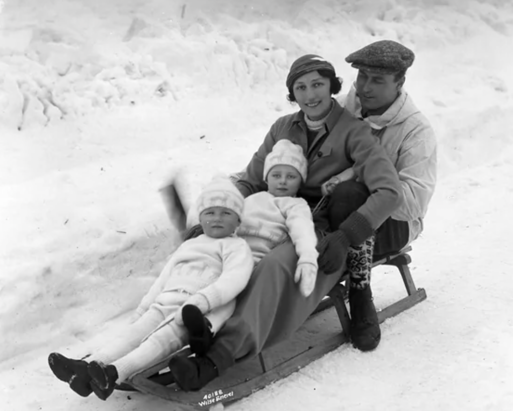 Norwegian Crown Prince and his family snow sledding in 1934.