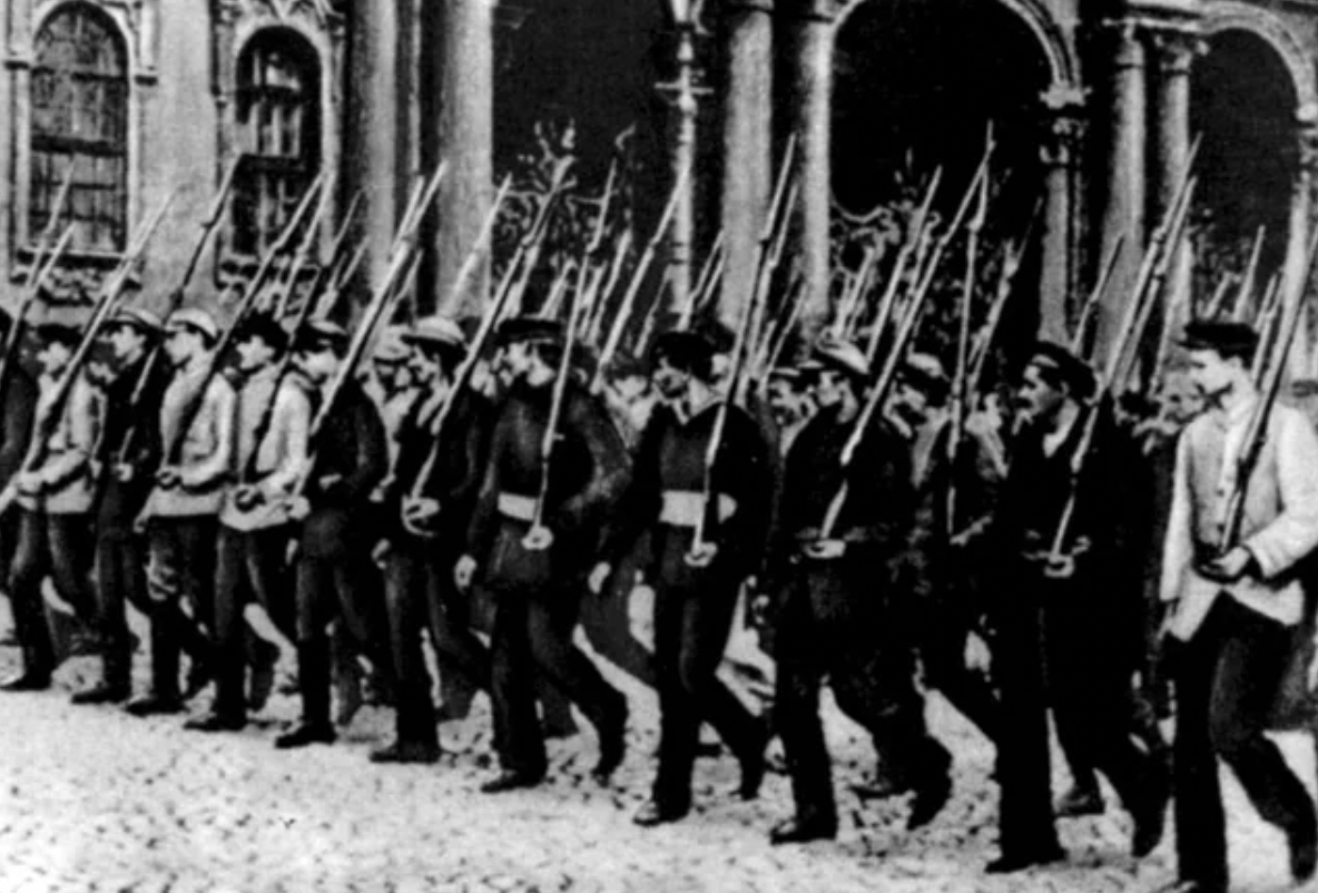 Anarchist black guard militia mobilizing in either Moscow or St. Petersburg in 1917.
