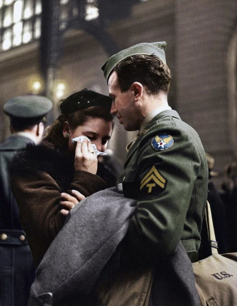 Penn Station, NY, 1943. A soldier's farewell to his wife before returning to war.