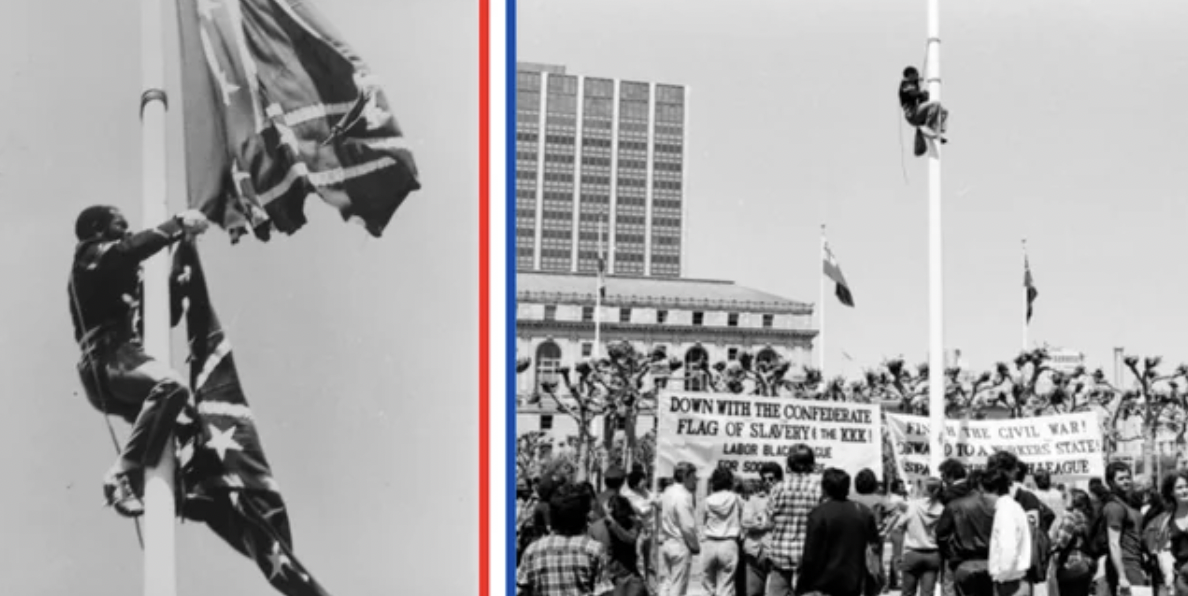Richard Bradley, dressed as a Union soldier, ripping down the Confederate flag San Francisco mayor Dianne Feinstein insisted on in 1984. It was torn down 3 times and replaced 3 times by Feinstein. April 15th, 1984.