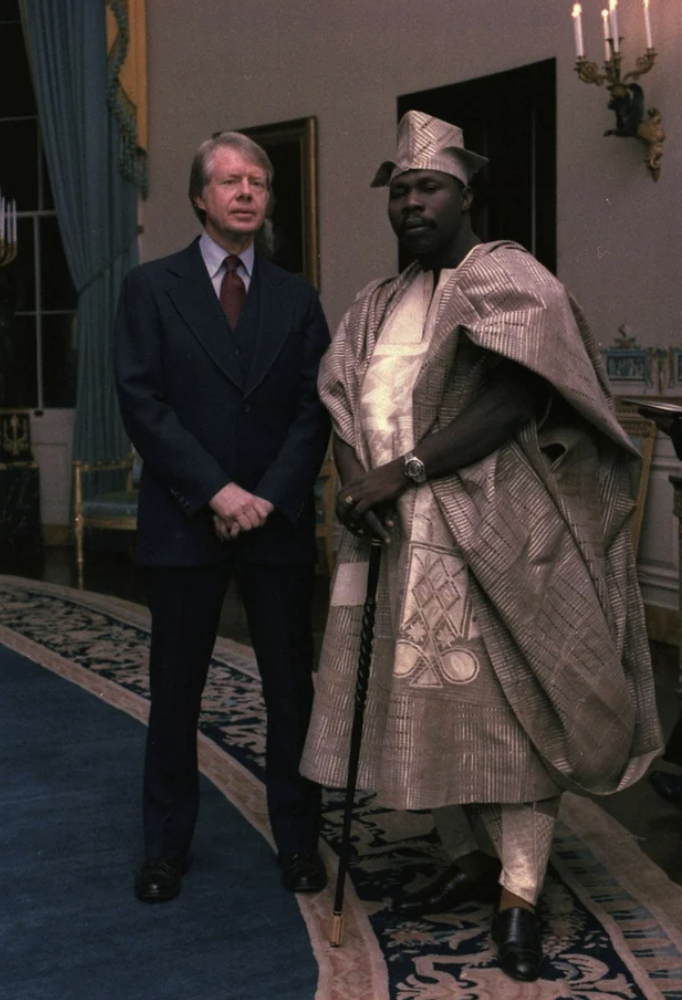 U.S. president Jimmy Carter with Nigeria's Head of State, Olusegun Obasanjo, in 1977.