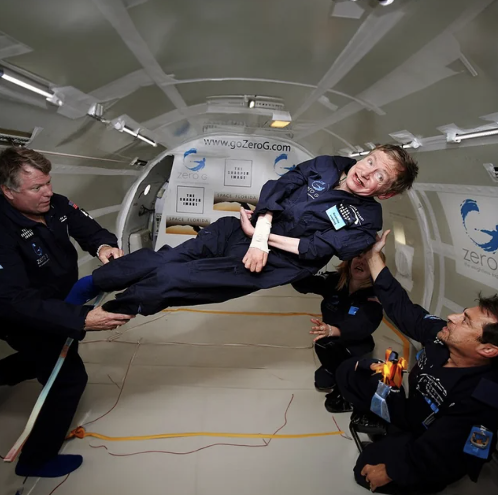 Stephen Hawking photographed during a zero-gravity flight in a reduced-gravity aircraft, 2007.