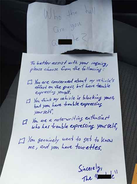 Someone left a passive aggressive note on my windshield, I responded in kind.