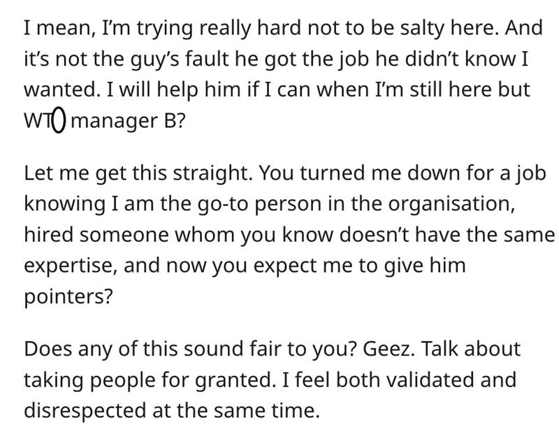 Guy Passed Up For Promotion In Favor of New Hire Gets Asked For Help By Said New Hire