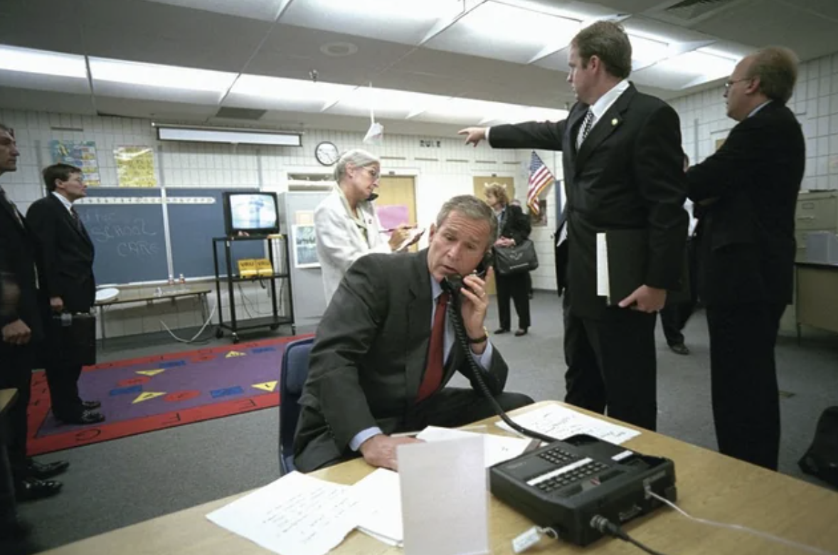 George Bush calling from a commandeered classroom during 9/11.