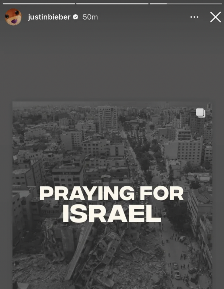 Justin Bieber posted "Pray for Israel" while using a photo of destroyed Gaza.
