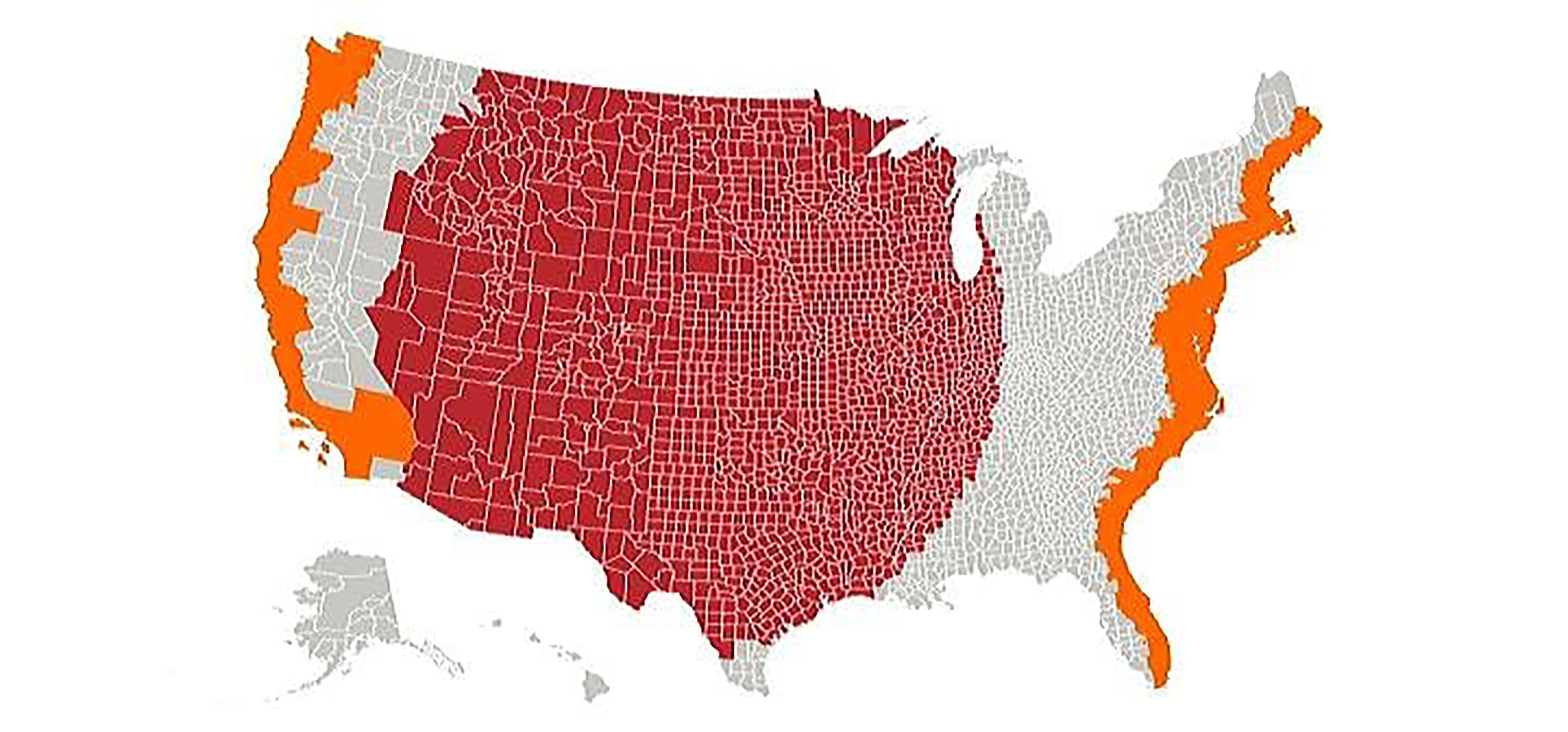 The orange sections represent a population equal to the entire red section