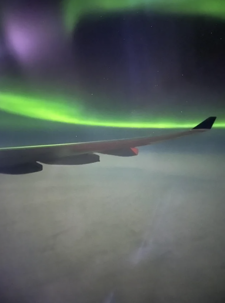 Aurora borealis from a plane over Greenland.