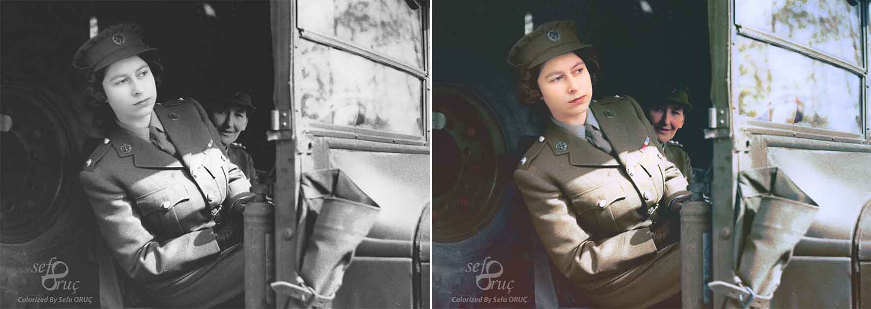 Princess Elizabeth driving an ambulance during her wartime service in the Auxiliary Territorial Service, 10th April 1945.
