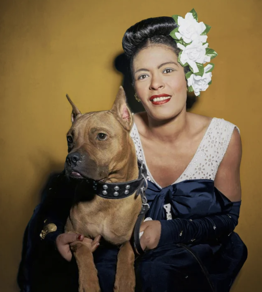 Billie Holiday with her dog Mister, 1947.