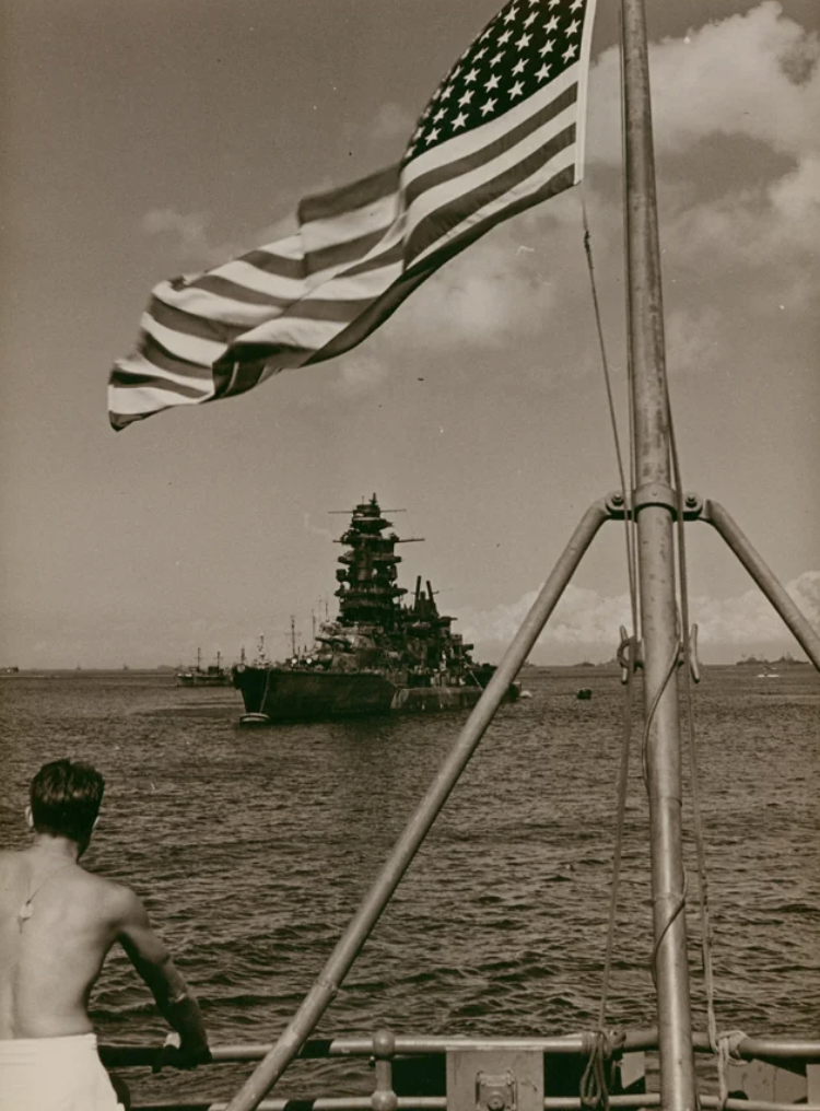 Japanese battleship Nagato serving as one of the target ships during atomic testing at Bikini Atoll in 1946.