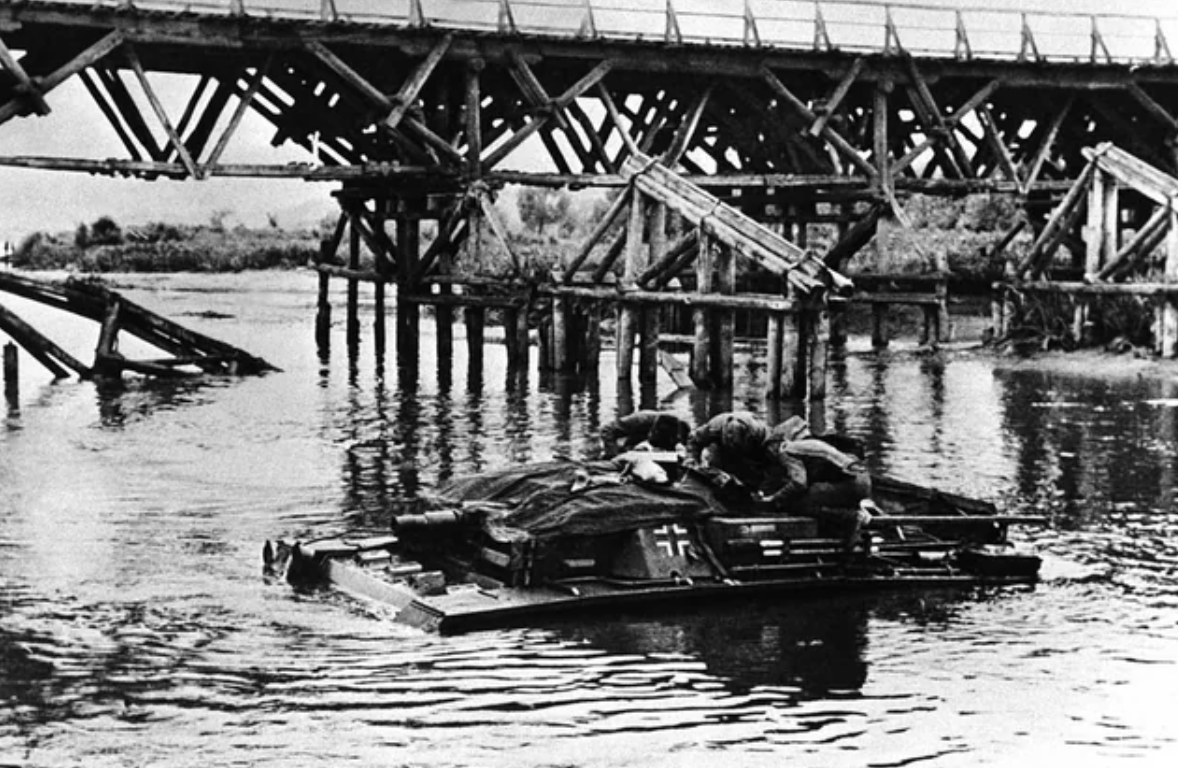 German soldiers crossing a Russian River on their tank. August 3, 1942.