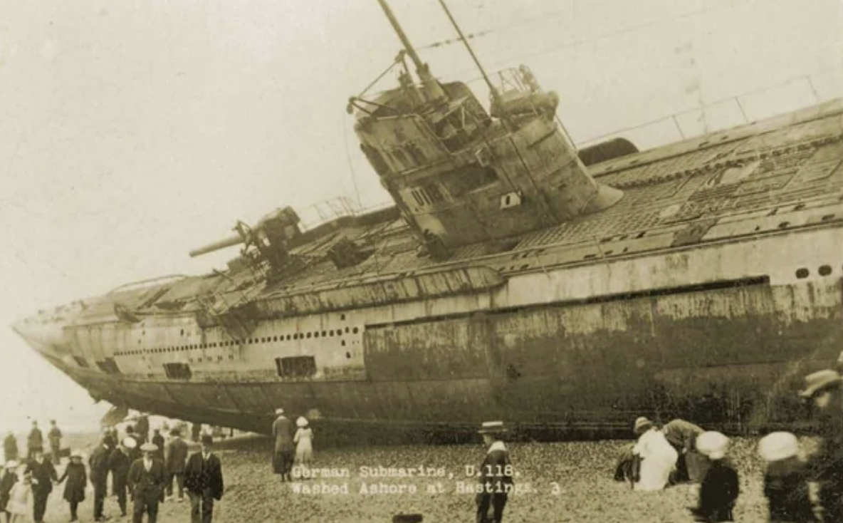 The wreck of U-118, a German U-boat surrendered at the end of the First World War, which ran aground as a result of a towing cable snapping at Hastings, in January 1919.