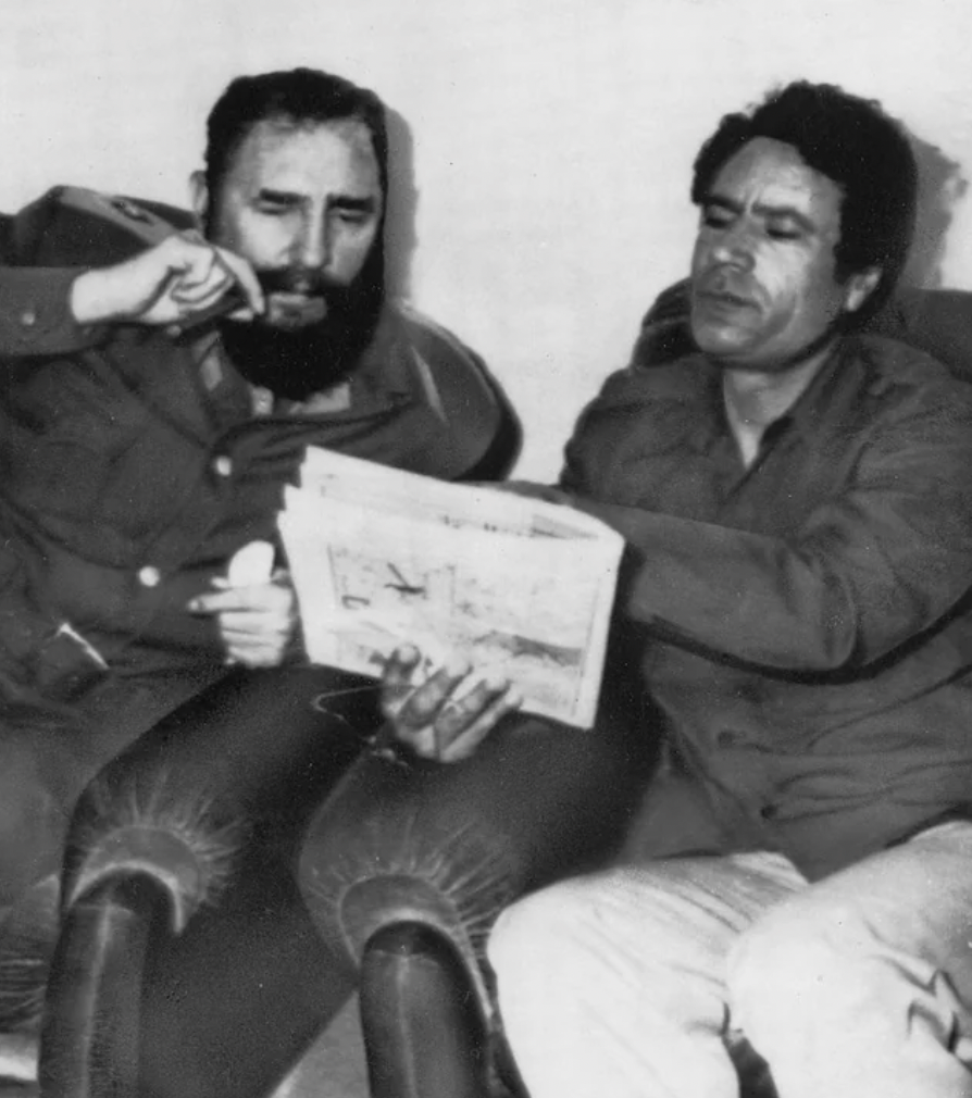 Fidel Castro and Muammar Gaddafi in Tripoli, Libya, 1977.