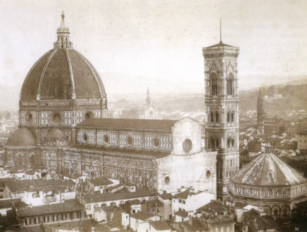   Florence Cathedral in the 1860s. Even though the building was built in the golden age of Florence, the façade was not completed at that time. In 1864, a competition was announced for the design of the completion of the building, and the iconic façade was completed in 1887.