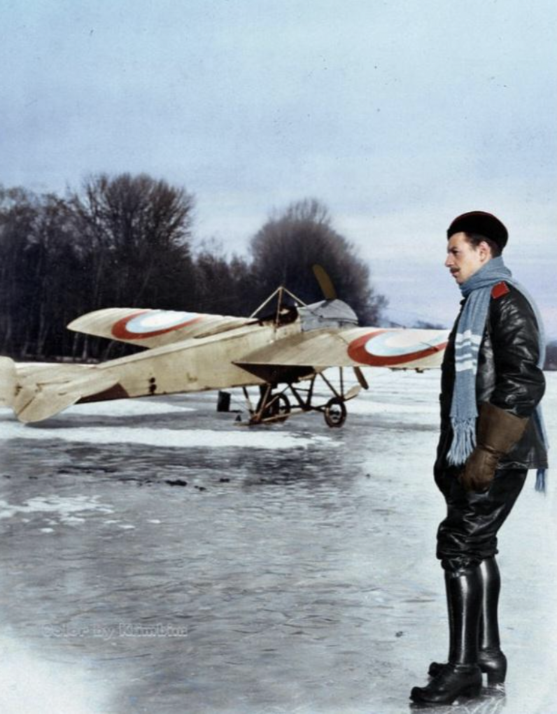 Russian Aviator and Warrant Officer Pyotr Krisanov of the 4th Siberian Air Detachment, seen here with his Newport IV airplane during the winter of 1915. He was decorated with all 4 degrees of the St. George Cross and died in a dogfight with 2 enemy aircraft in 1917 during WWI.