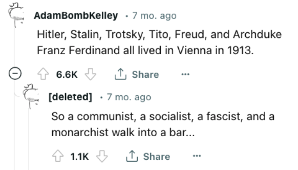 diagram - AdamBombKelley 7 mo. ago Hitler, Stalin, Trotsky, Tito, Freud, and Archduke Franz Ferdinand all lived in Vienna in 1913. deleted 7 mo. ago So a communist, a socialist, a fascist, and a monarchist walk into a bar...