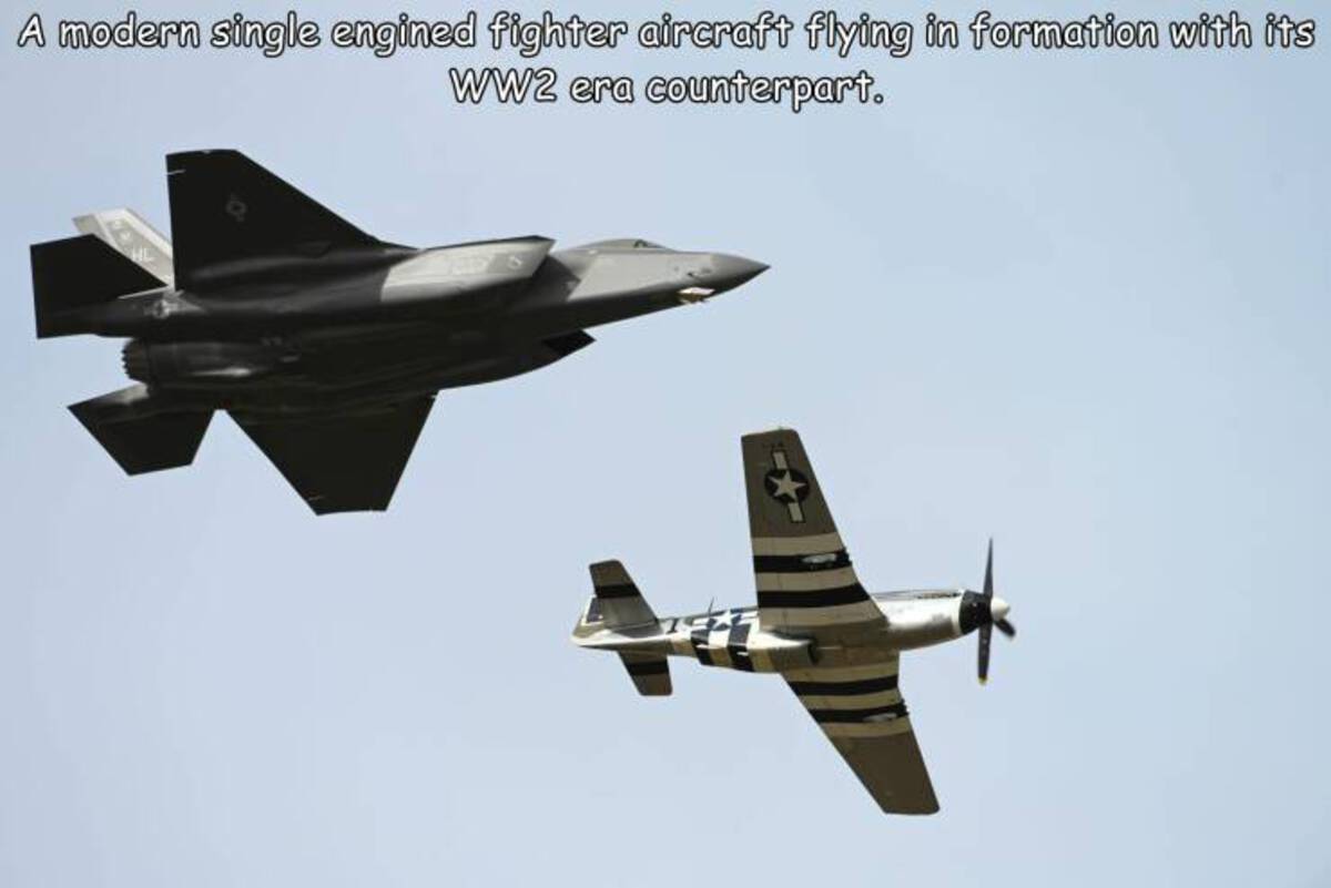 air force - A modern single engined fighter aircraft flying in formation with its WW2 era counterpart.